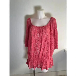 Women's Avenue Peplum Pink‎ Lace Sheer Top Plus Size 26/28 EUC 0148